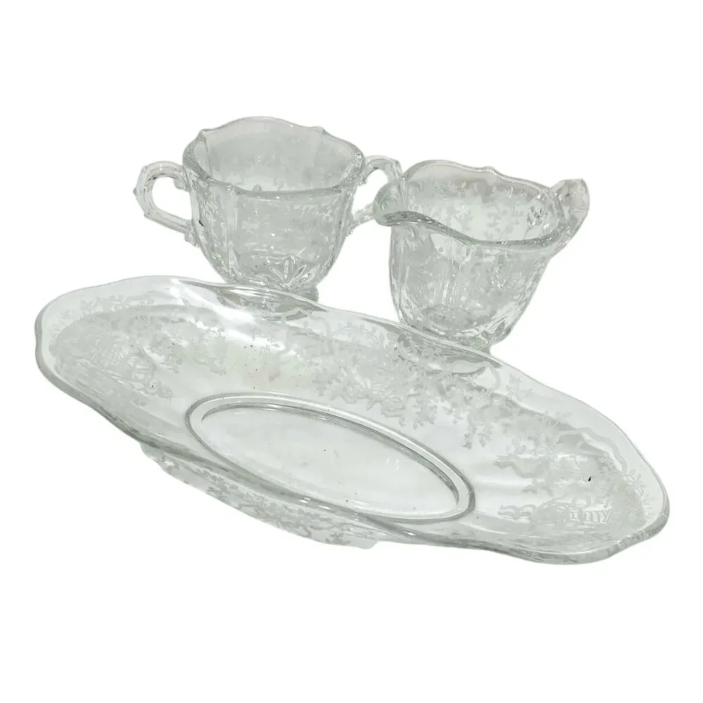Fostoria Corsage Pattern Clear Etched Crystal Creamer Sugar Bowl & Relish Dish